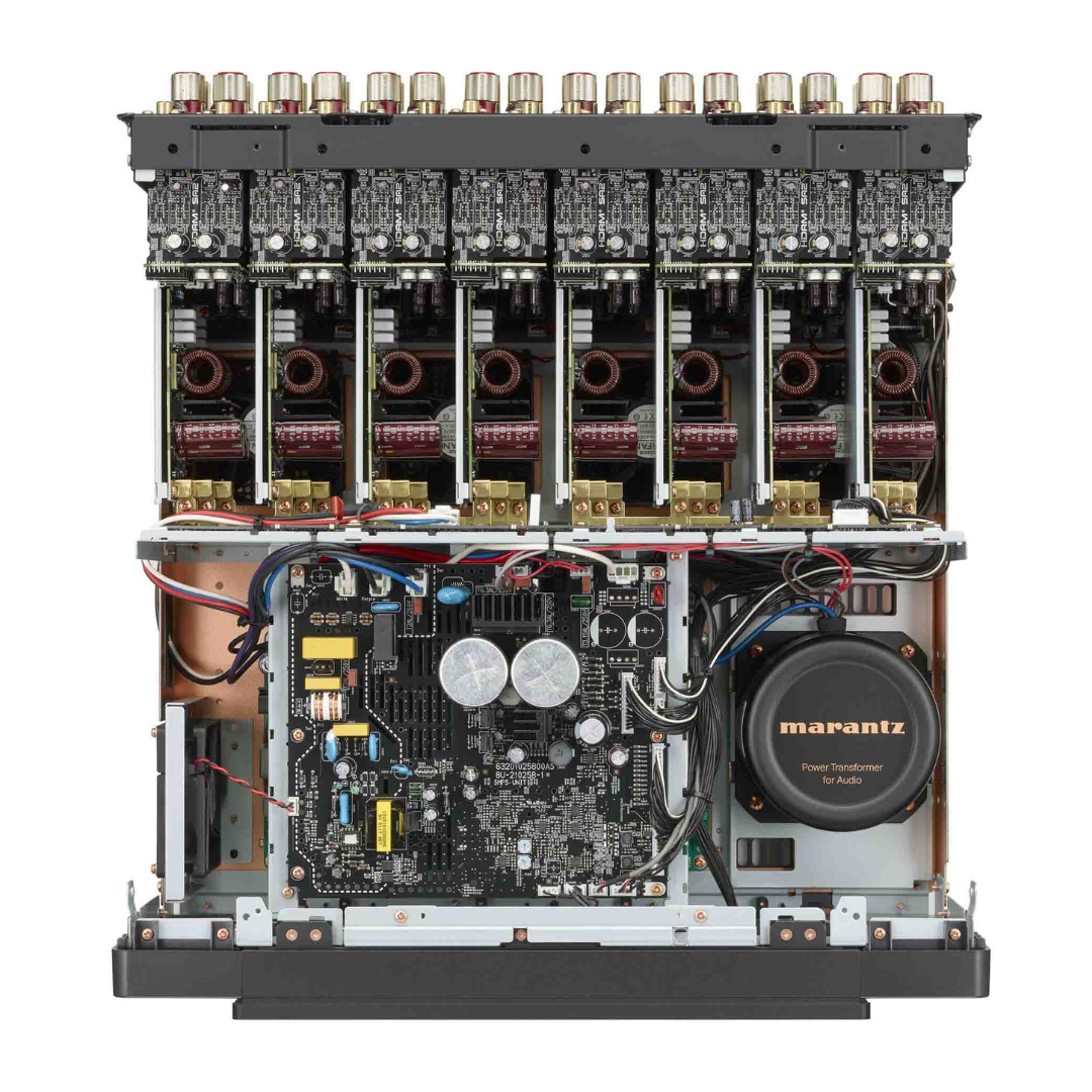 Marantz audio amplifier with intricate circuitry on a white background
