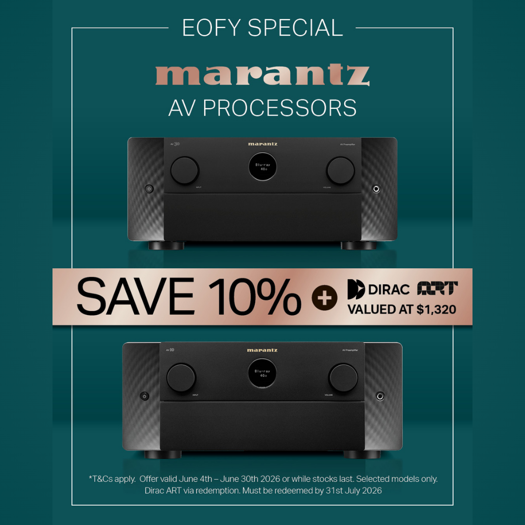Marantz AV processors with a discount offer on a teal background