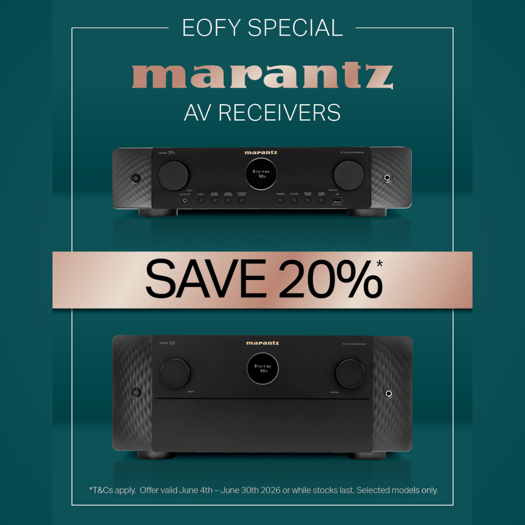 Marantz AV receivers with a 20% save offer on a teal background