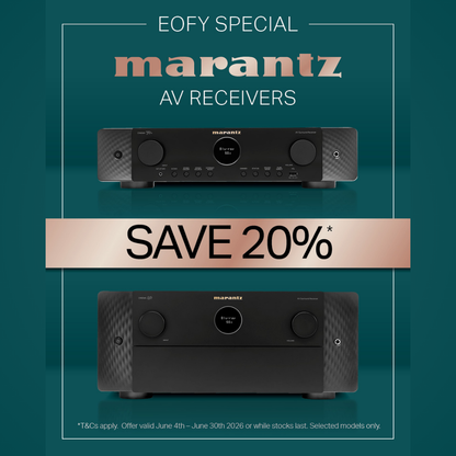 Marantz AV receivers with a 20% save offer on a teal background