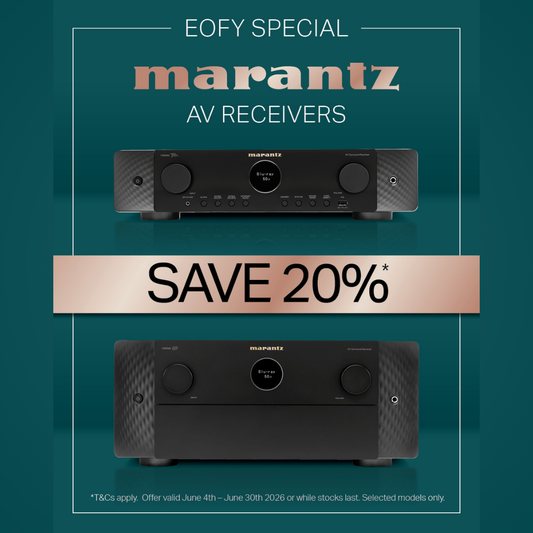 Marantz AV receivers with a 20% save offer on a teal background