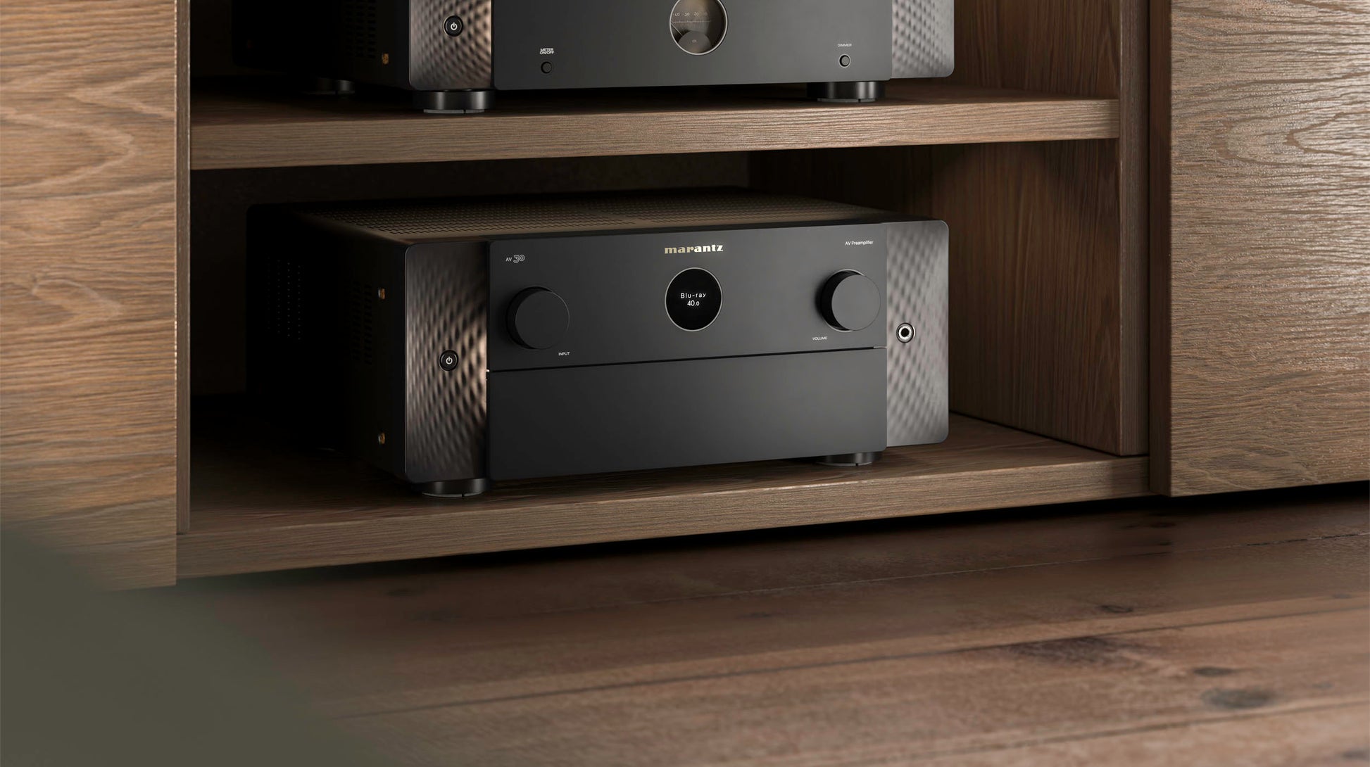 Marantz AV 30 Amplifier and AMP 30 on timber cabinet