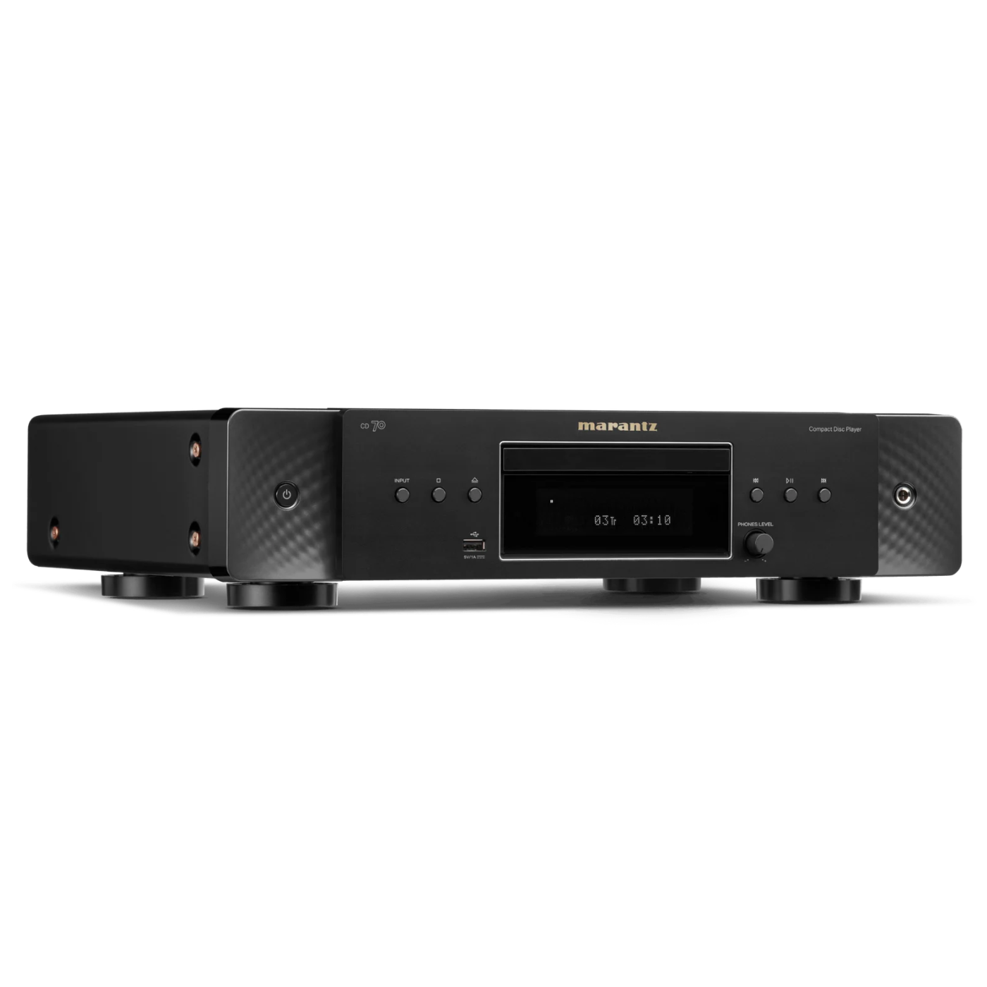 A black Marantz CD 70 CD Player with a digital display screen and control buttons on the front panel, set against a plain white background.