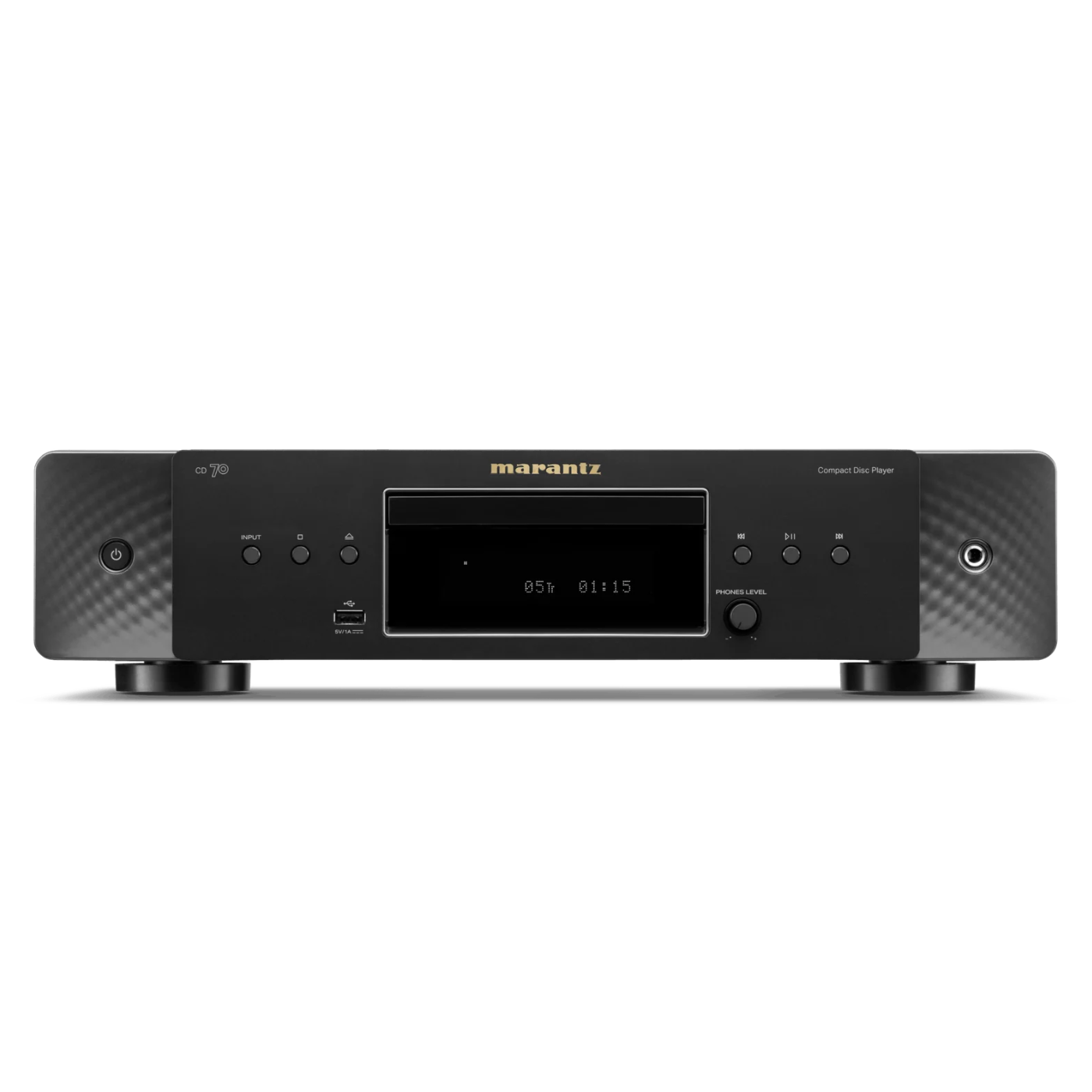 Front of black Marantz CD 70 CD Player on white background
