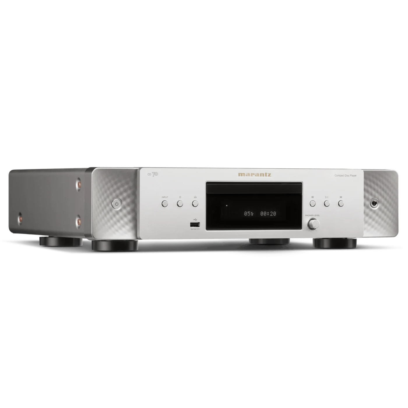 A Marantz CD70 in silver and gray with a black display screen and control buttons, shown on a plain white background.