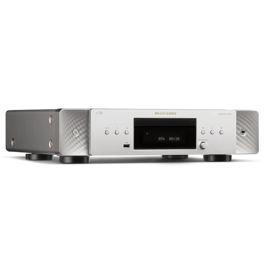 A Marantz CD70 in silver and gray with a black display screen and control buttons, shown on a plain white background.