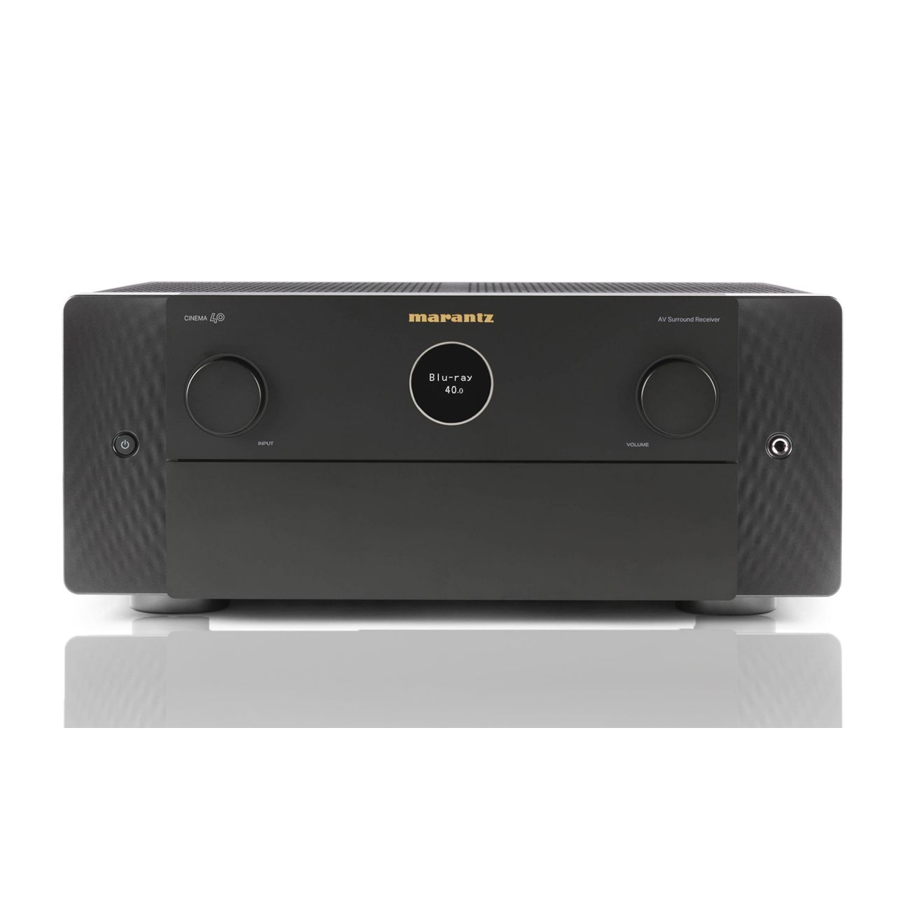 A black Marantz Cinema 40 8K Home Theatre Amplifier with a front panel display, volume knobs, and input selection controls.