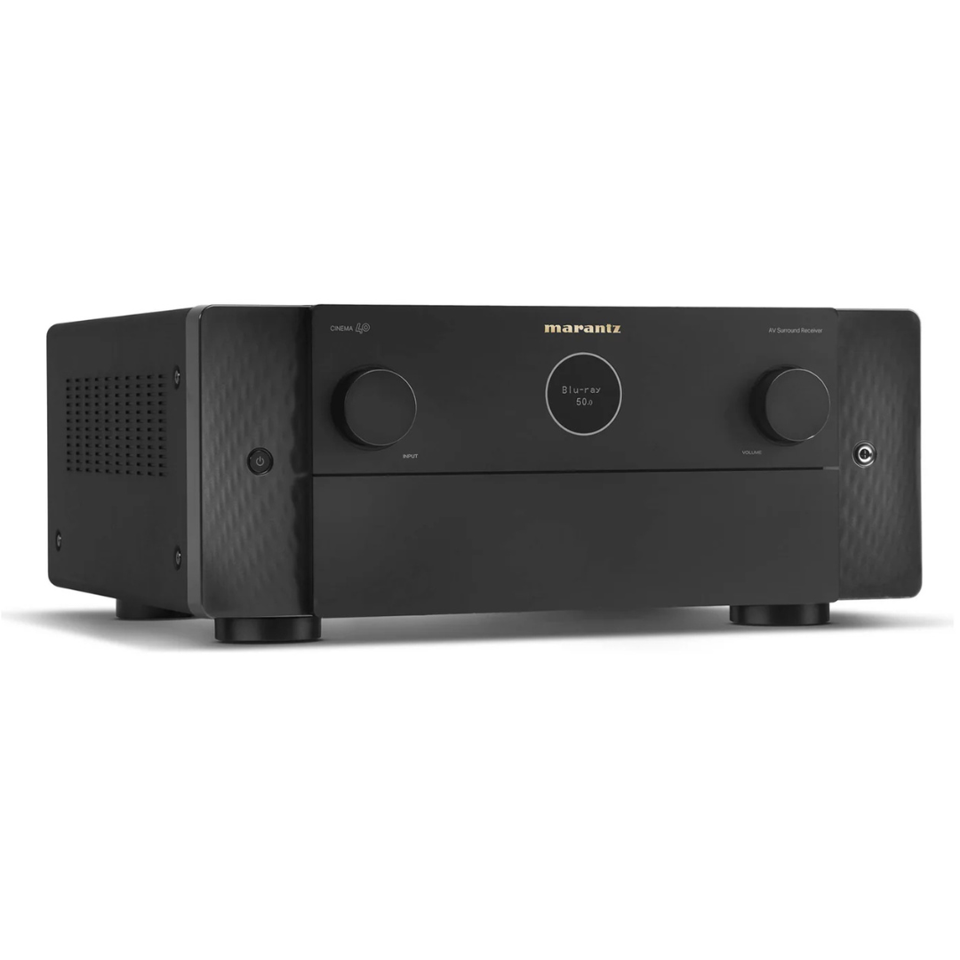 Angle view of Marantz Cinema 40 8K Home Theatre Amplifier on white background