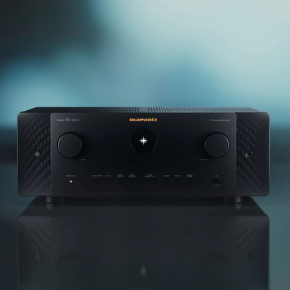 A Marantz Cinema 60 Series 2 AV Receiver set against a dark blue gradient background with a reflective surface below.