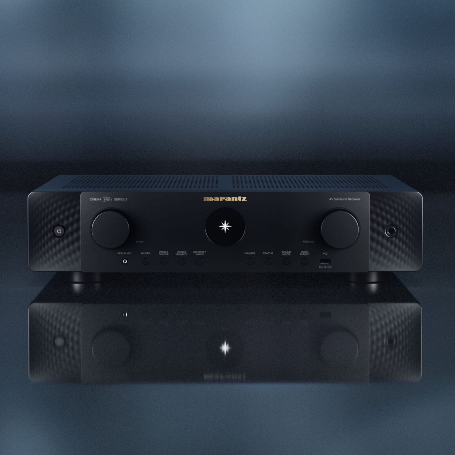 Black Marantz Cinema 70s Series 2 AV Receiver on blue grey gradient background