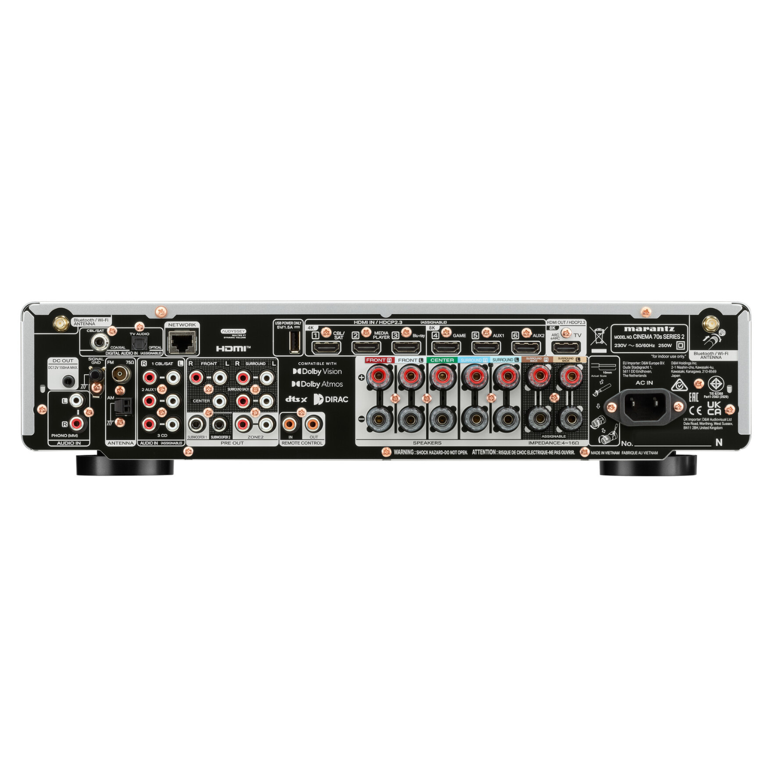 Rear view of silver Marantz Cinema 70s Series 2 AV Receiver