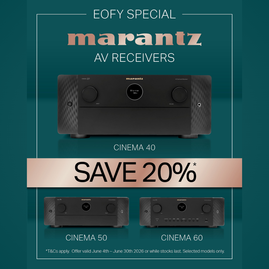 Marantz AV receiver advertisement with a 20% off discount on a teal background