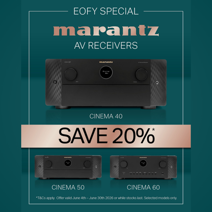 Marantz AV receiver advertisement with a 20% off discount on a teal background