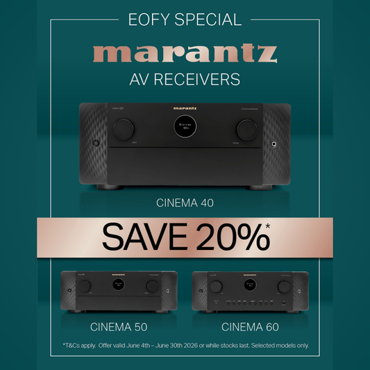 Marantz AV receiver advertisement with a 20% off discount on a teal background