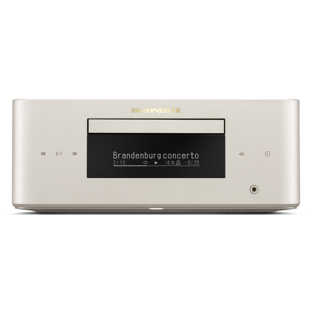 A Marantz CD player in a warm champagne-gold finish, featuring a black display screen