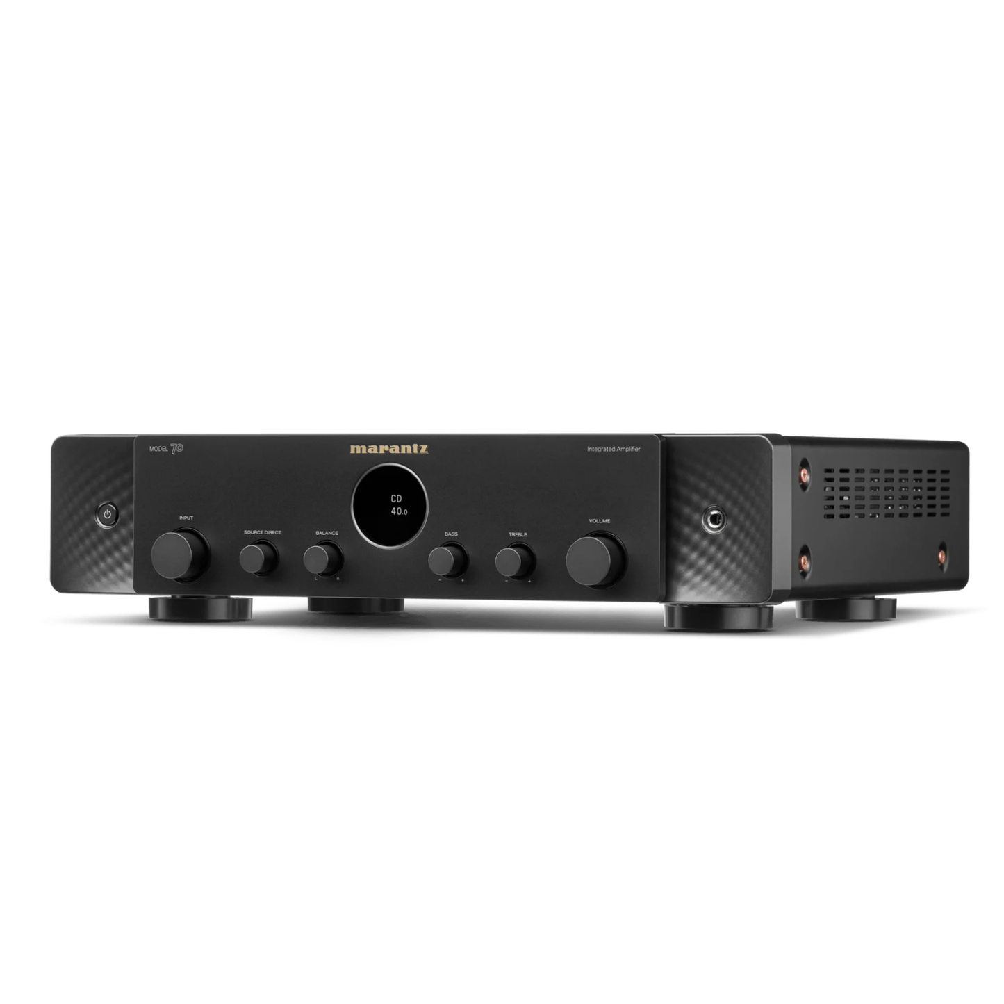 Front angle of black Marantz Model 70 Integrated Amplifier on white background