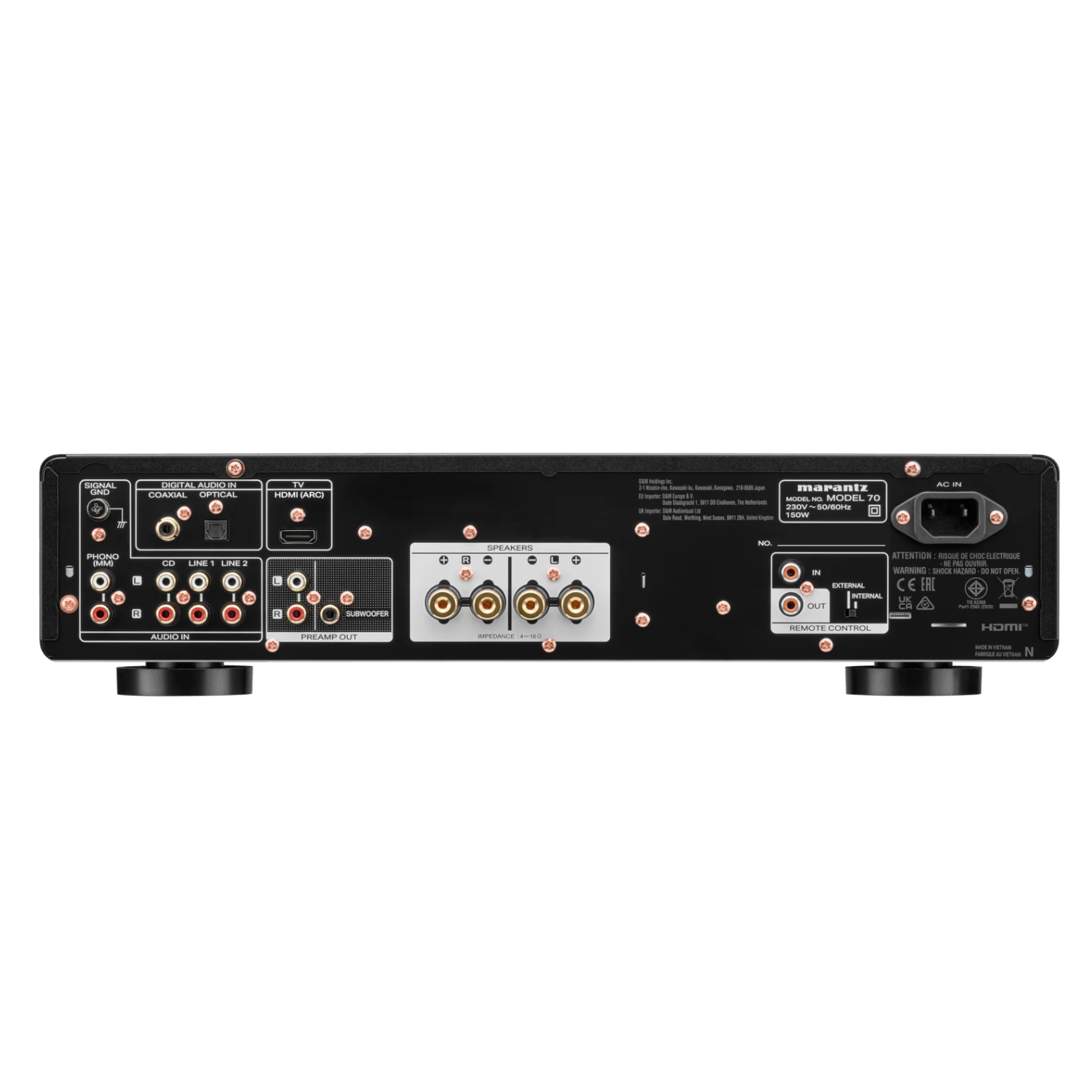 Back view of black Marantz Model 70 Integrated Amplifier on white background
