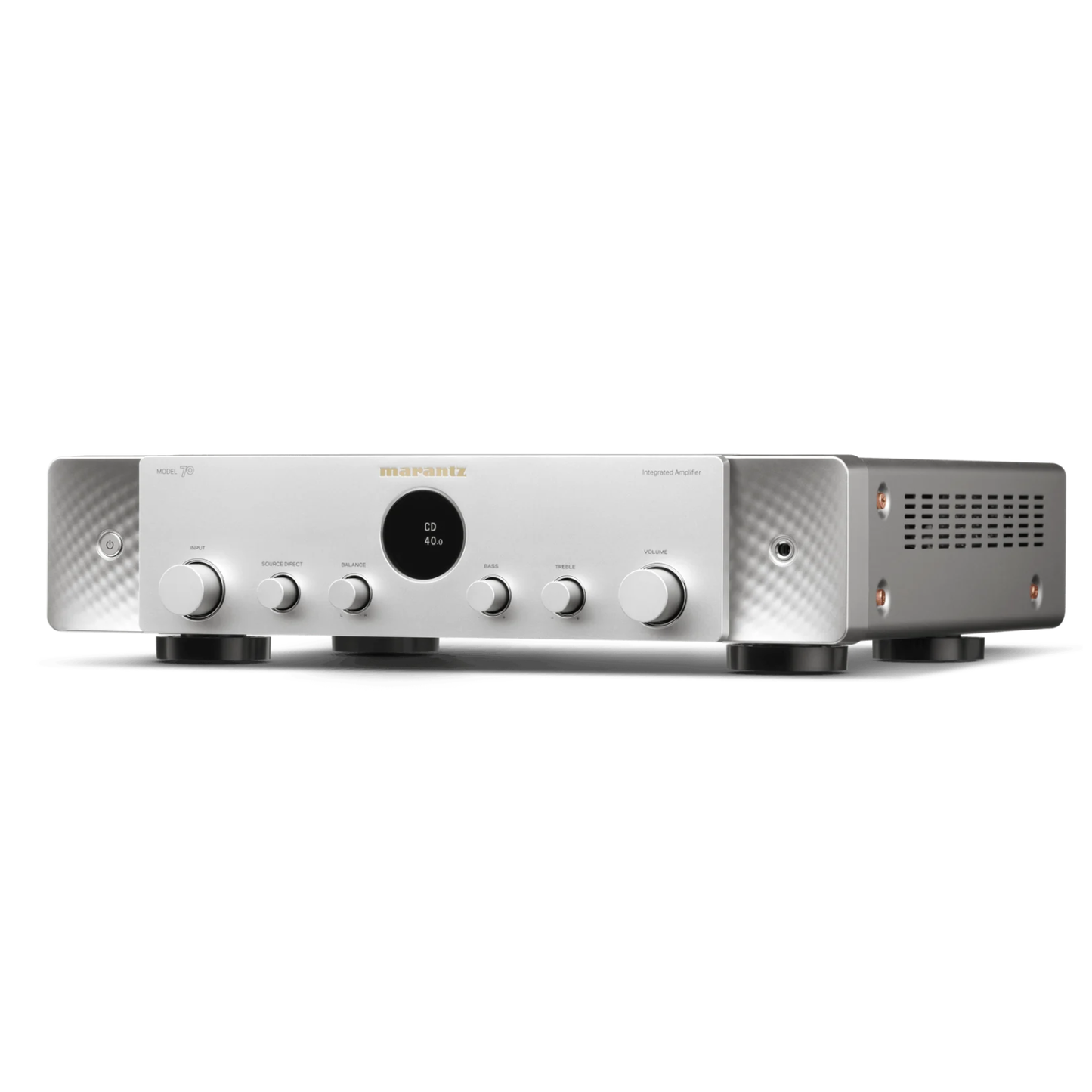 Front angle view of silver Marantz Model 70 Integrated Amplifier on white background