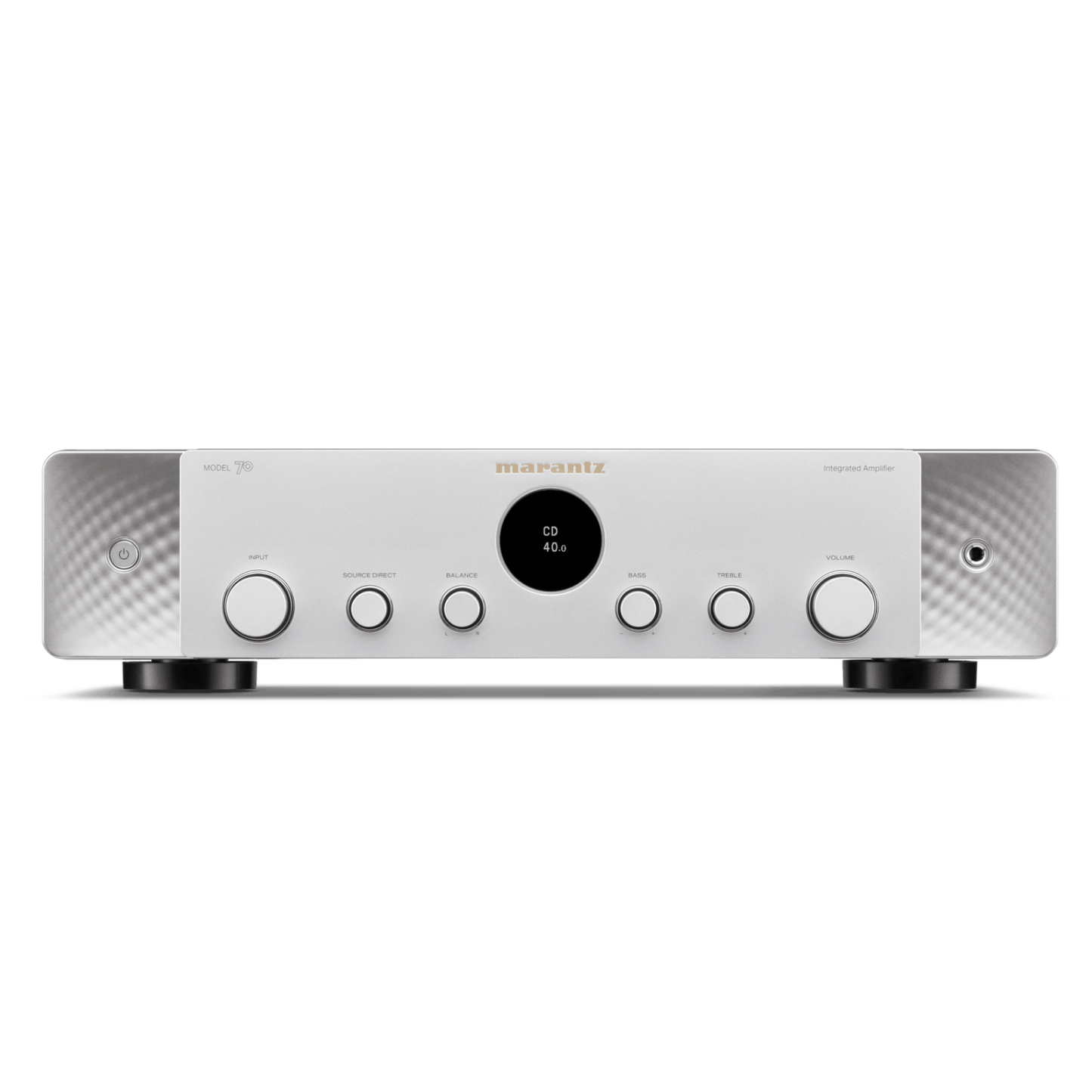 Front view of silver Marantz Model 70 Integrated Amplifier on white background