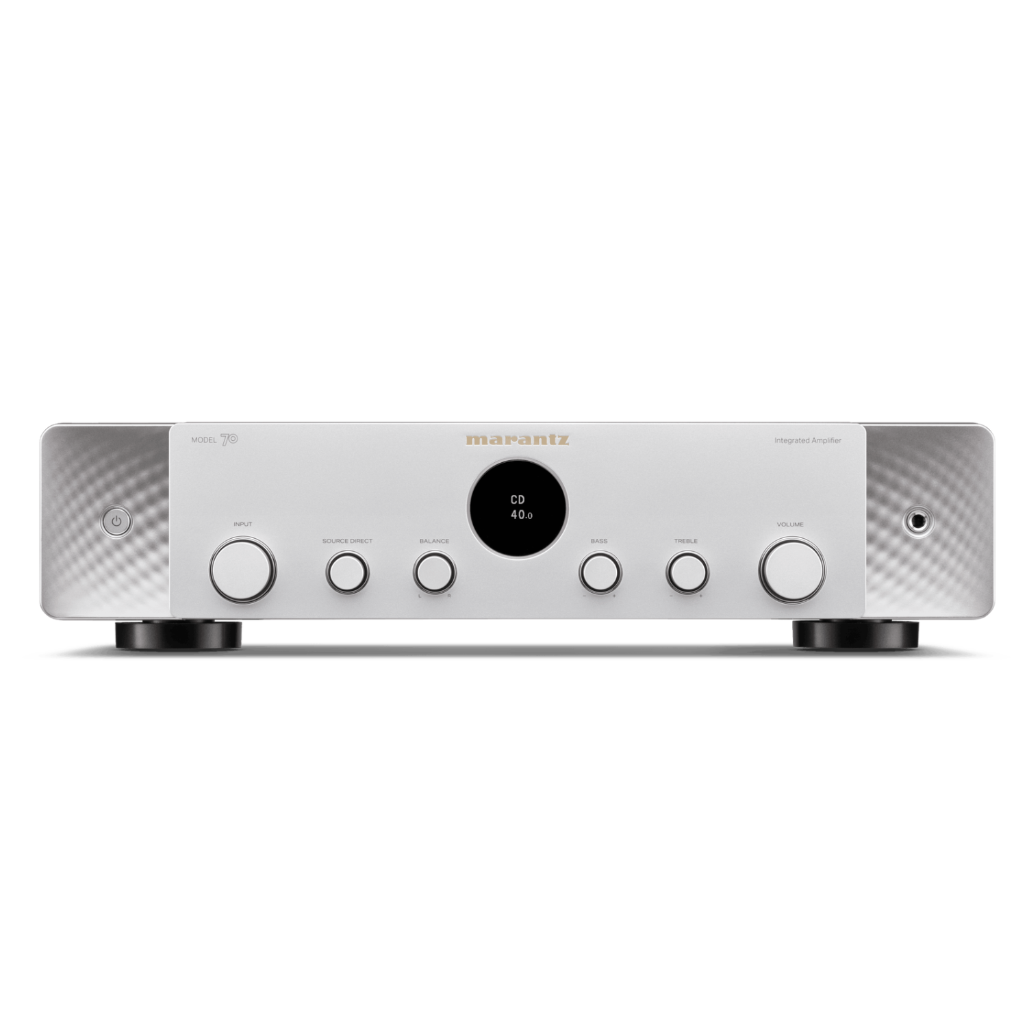 Front view of silver Marantz Model 70 Integrated Amplifier on white background