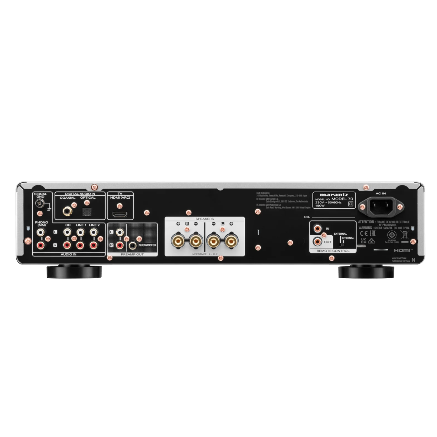 The rear panel of silver Marantz Model 70 Integrated Amplifier on white background