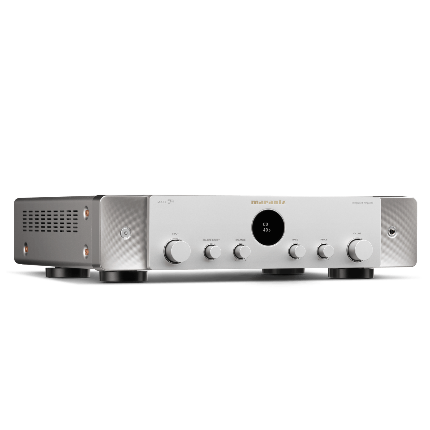 A silver Marantz amplifier receiver with silver control knobs, a black central display, and textured side panels, shown on a clean white background.