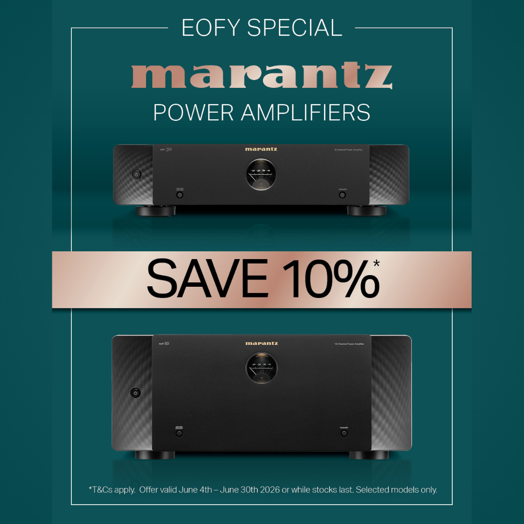 Marantz power amplifiers with a 10% save offer on a teal background