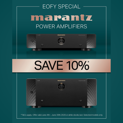 Marantz power amplifiers with a 10% save offer on a teal background