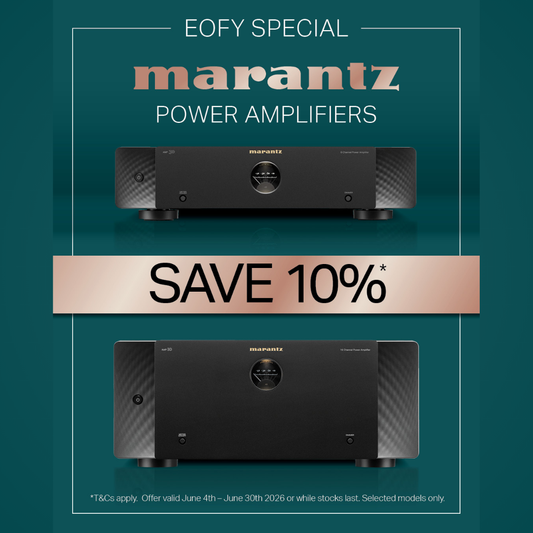 Marantz power amplifiers with a 10% save offer on a teal background