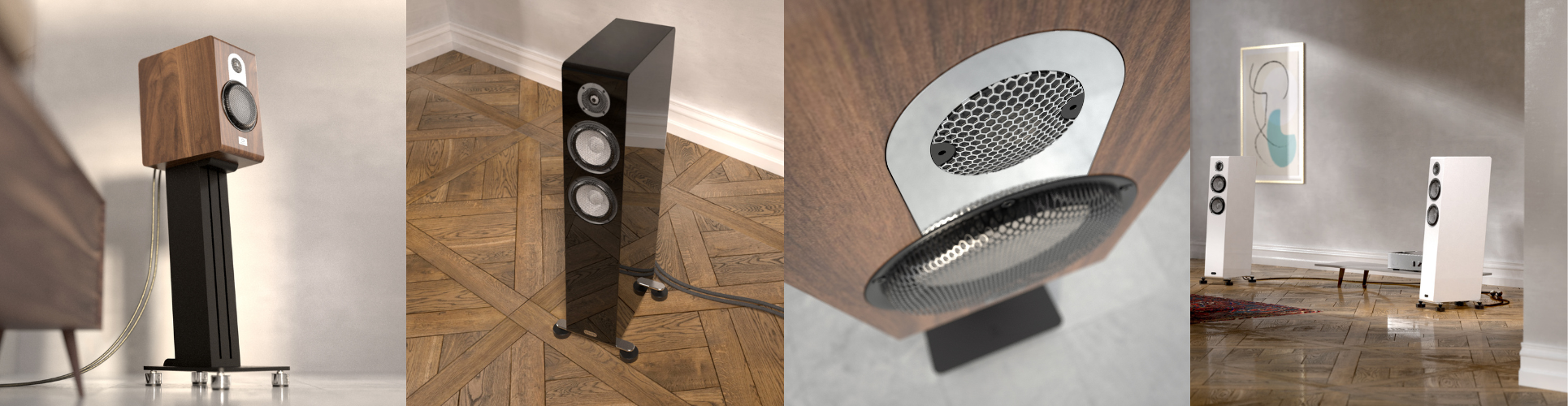 A four-panel collage showing a floor-standing speaker system from multiple angles, including a side profile, a front-three-quarter view, a close-up of the driver and grille, and a room setup with the speaker installed on a stand.