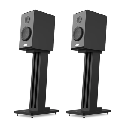 Black pair of Marten Oscar Duo Bookshelf Speakers on white background