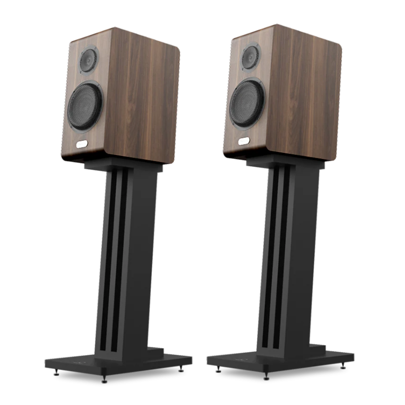 Walnut pair of Marten Oscar Duo Bookshelf Speakers on white background