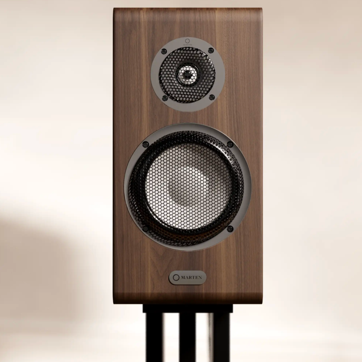 Front view of walnut Marten Oscar Duo Bookshelf Speaker