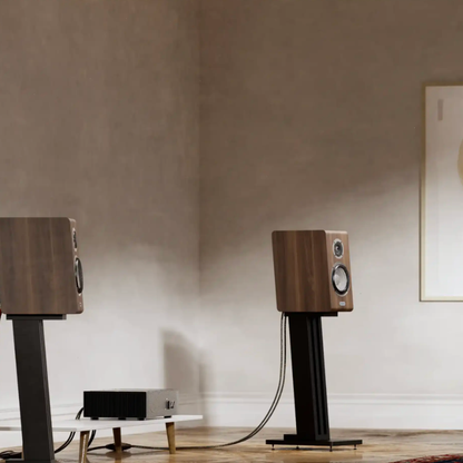 Pair of wooden speakers on stands in a room with a neutral wall and floor.