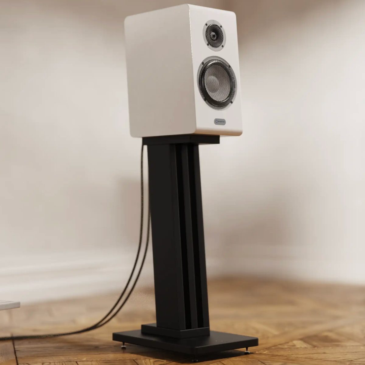 White Marten Oscar Duo Bookshelf Speaker on stand on timber floor