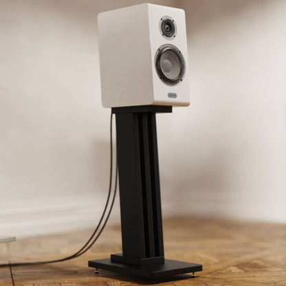 White Marten Oscar Duo Bookshelf Speaker on stand on timber floor