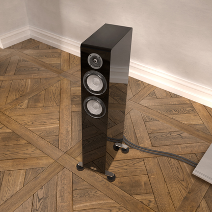 Black floor-standing speaker on a wooden floor