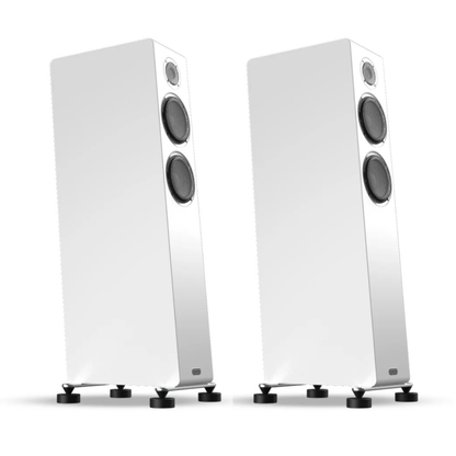 Pair of white floor-standing speakers on a white background