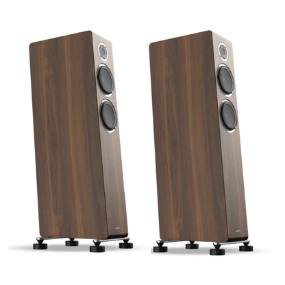 Pair of wooden speakers on a white background