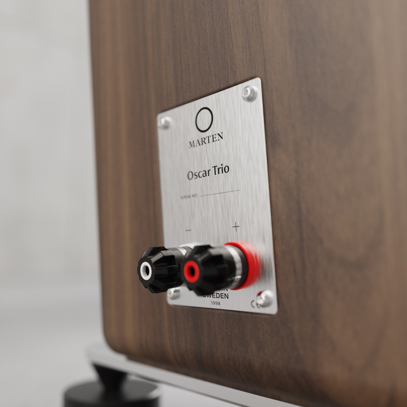 Wooden speaker with brand label and cable connectors on a neutral background