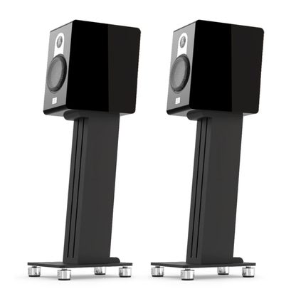 Two black Marten Parker Duo Bookshelf Speakers on stands against a white background