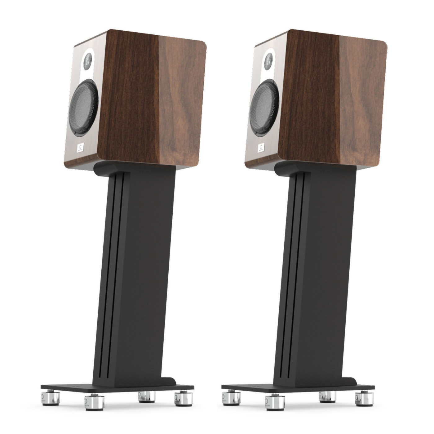 Piano walnut Pair of Marten Parker Duo Bookshelf Speakers on stands with a white background