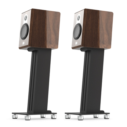 Piano walnut Pair of Marten Parker Duo Bookshelf Speakers on stands with a white background
