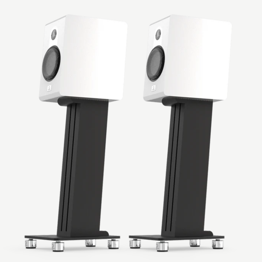 Pair of white Marten Parker Duo Bookshelf Speakers on black stands against a white background