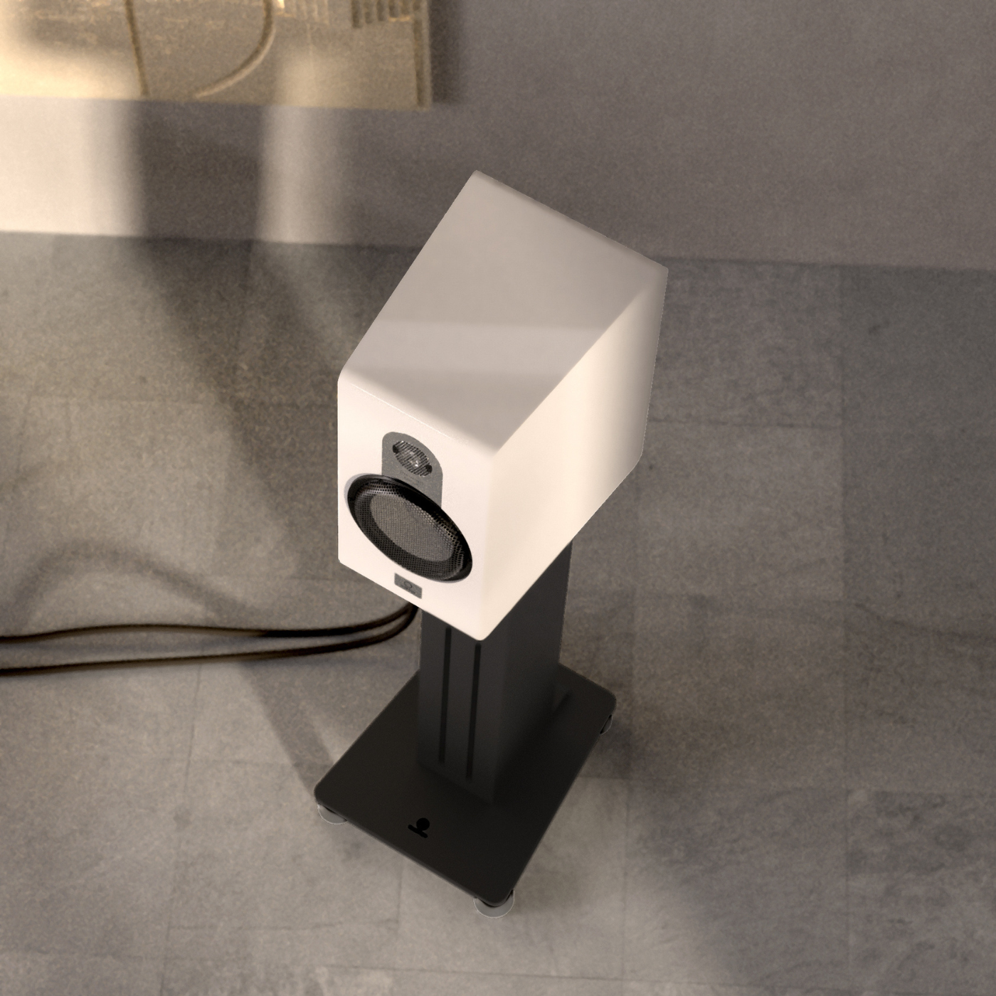 White speaker on a black stand against a gray tiled wall
