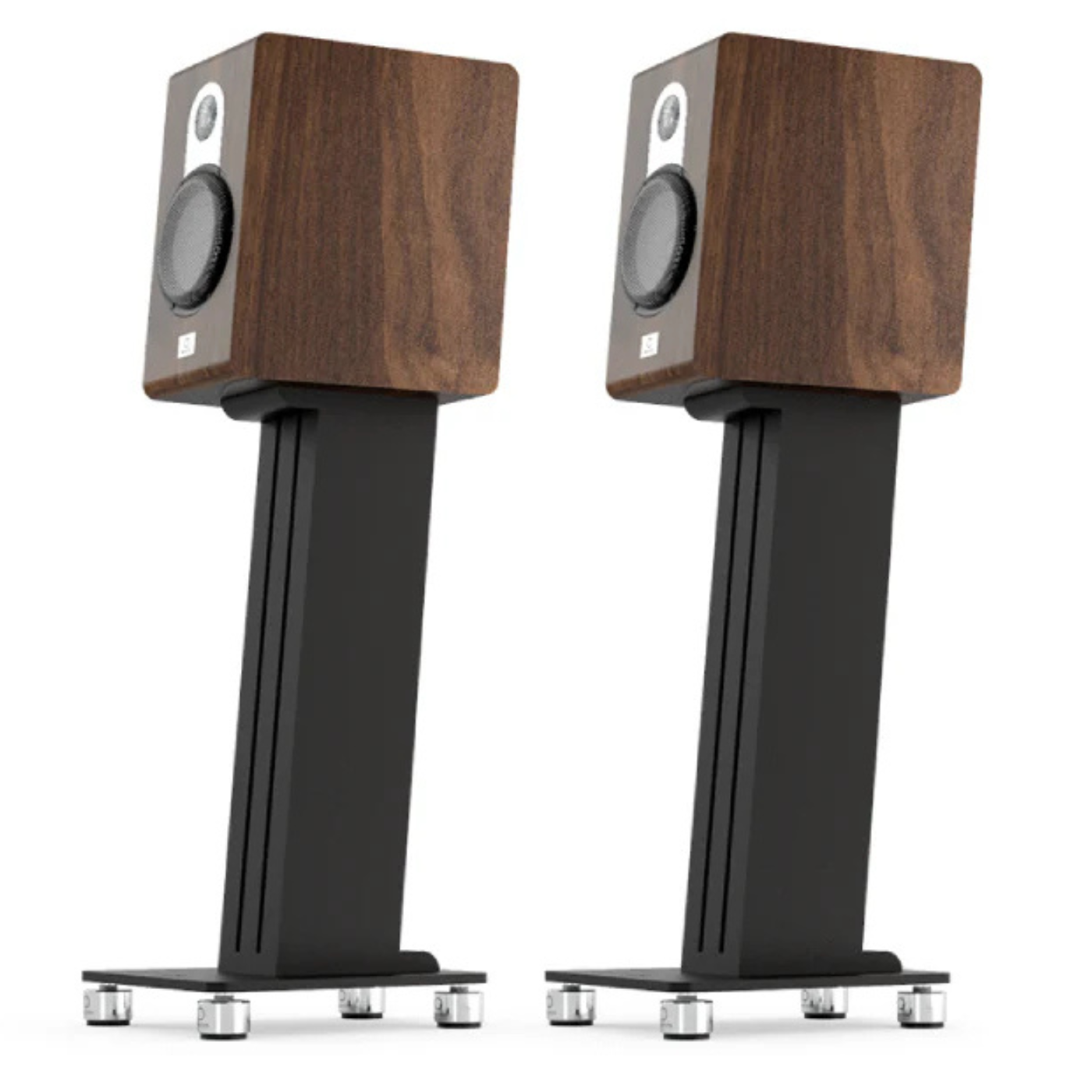 Pair of walnut Marten Parker Duo Bookshelf Speakers on stands with a white background