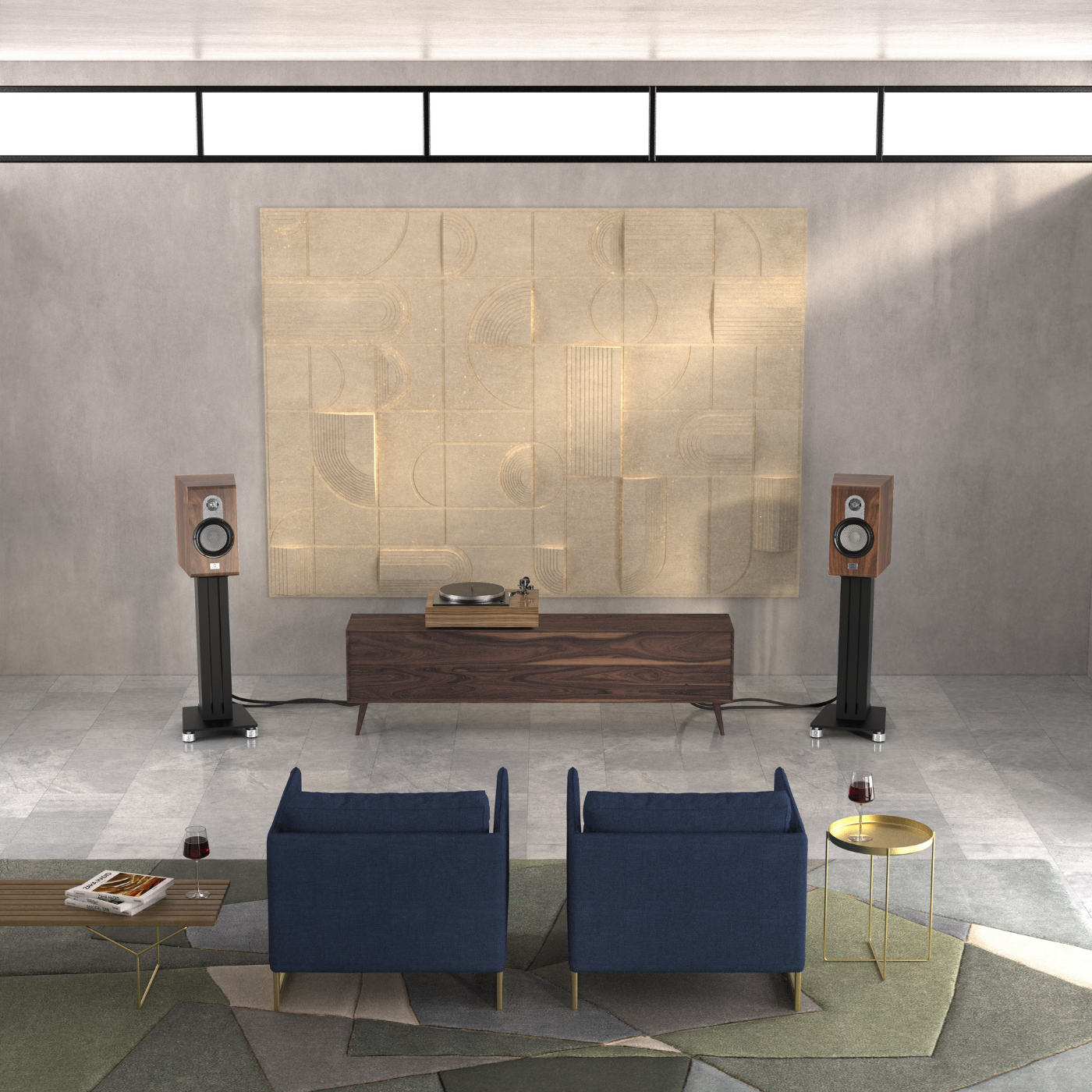 Modern living room with blue chairs, wooden coffee table, and decorative wall art with walnut Marten Parker Duo Bookshelf Speakers