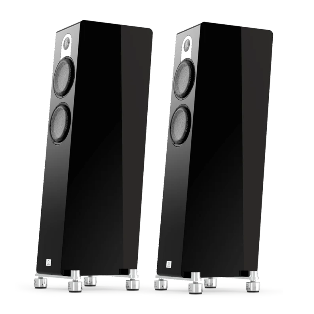 Pair of black Marten Parker Trio Floorstanding Speakers on a white background