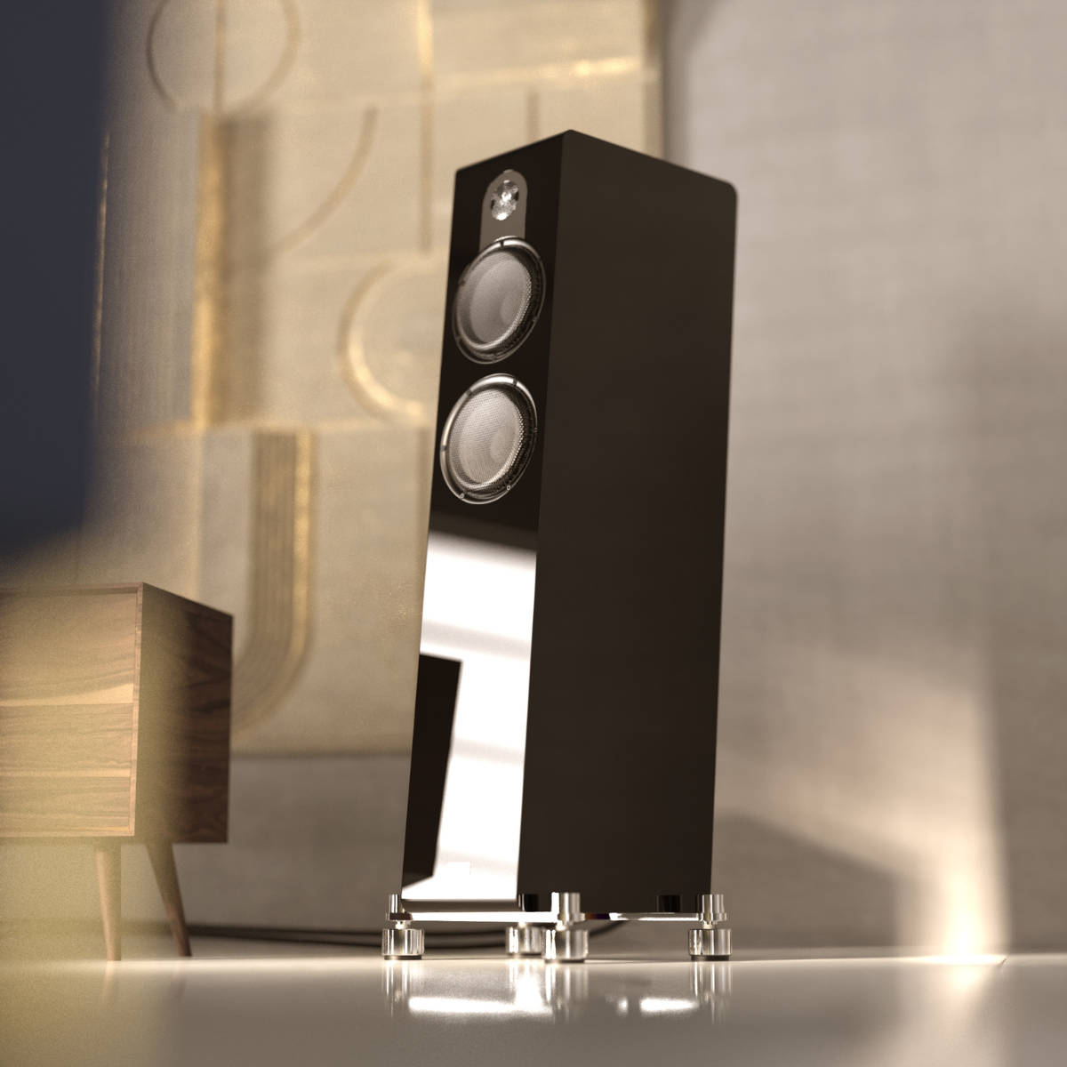 Black floor-standing speaker on a reflective surface with a blurred background