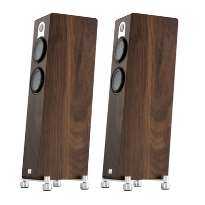 Pair of walnut Marten Parker Trio Floorstanding Speakers on white background